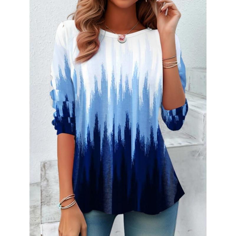 Round Neck 3D Flower Geometry Pattern Printed Top Fashionable Casual Long Sleeved Women's T-shirts