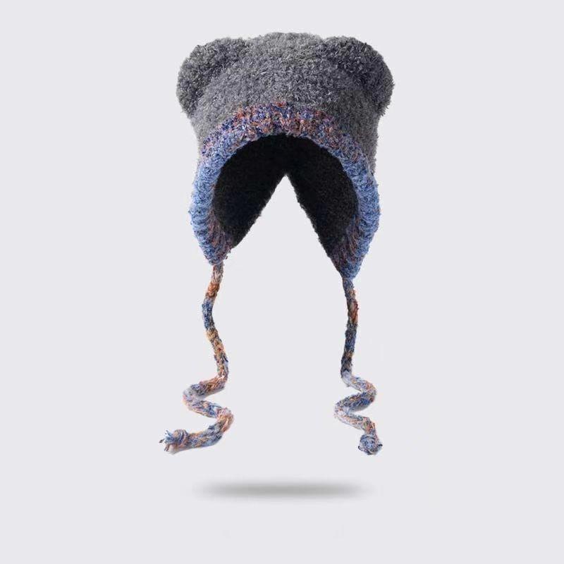 Cute Bear Plu Knitted Hat Womens Autumn Winter Large Head Circumference Face Slimming ColdProof Ear Protection Leon Fur Hat