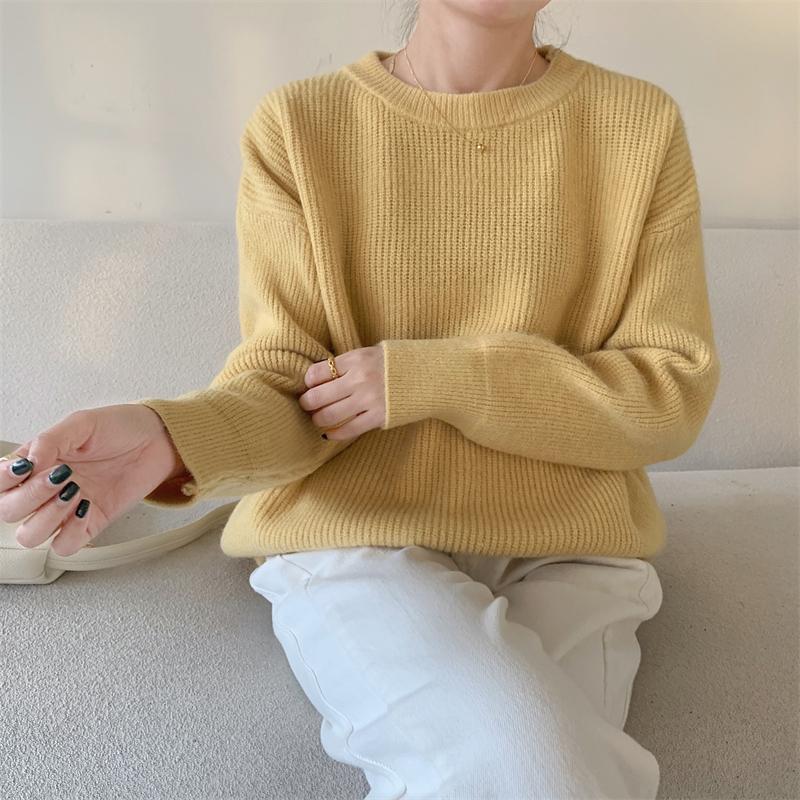 Hirsionsan Pulover tricotat cu mânecă lungă, ocazional, cu bază solidă, moale, pentru femei, cu gâtul în formă de O, pulover elegant, la modă, toamnă iarnă