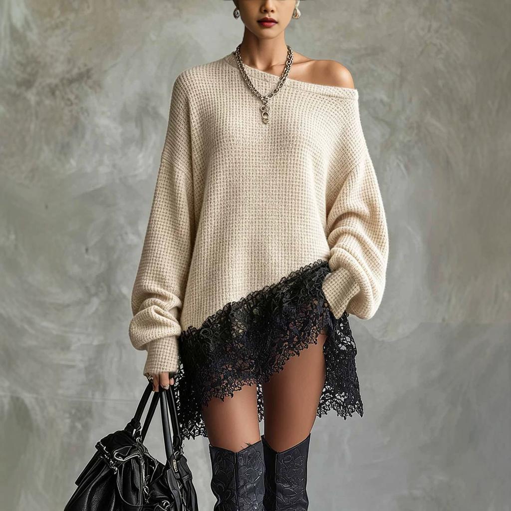Abito da donna con manica in pizzo e scollo asimmetrico per feste casual