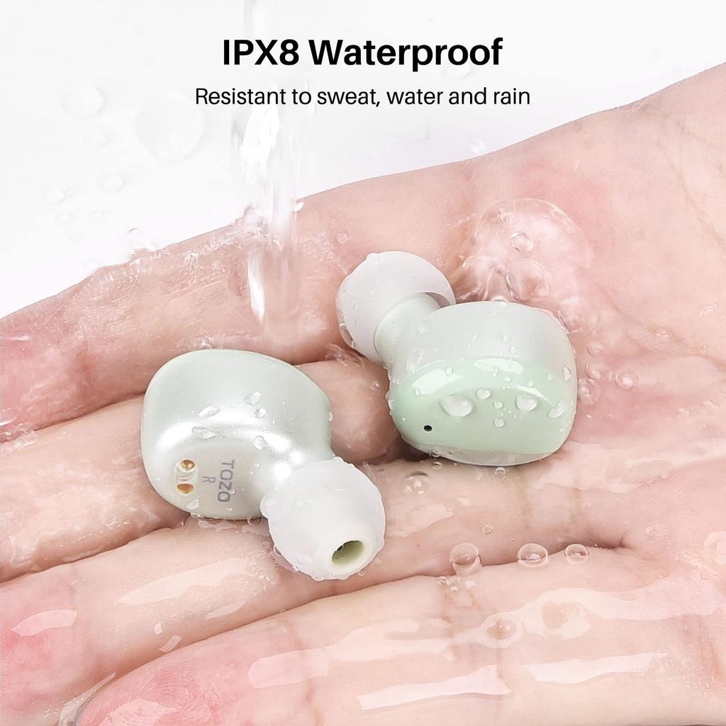 TOZO wireless earphones with a comfortable warm custom EQ for cooler and a dedicated Features include IPX8 lightweight up to 45 hours of playback AI