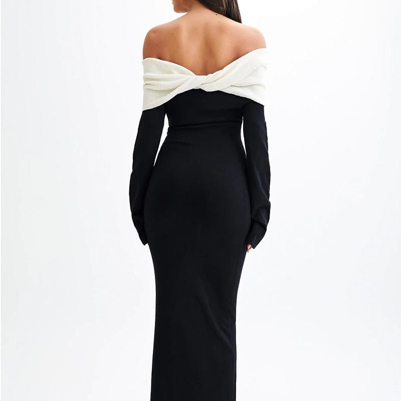 Dámské bodycon svetrové šaty s odhalenými rameny, s dlouhým rukávem, elegantní, žebrované, koktejlové, formální, podzimní, jarní, pletené, maxi šaty