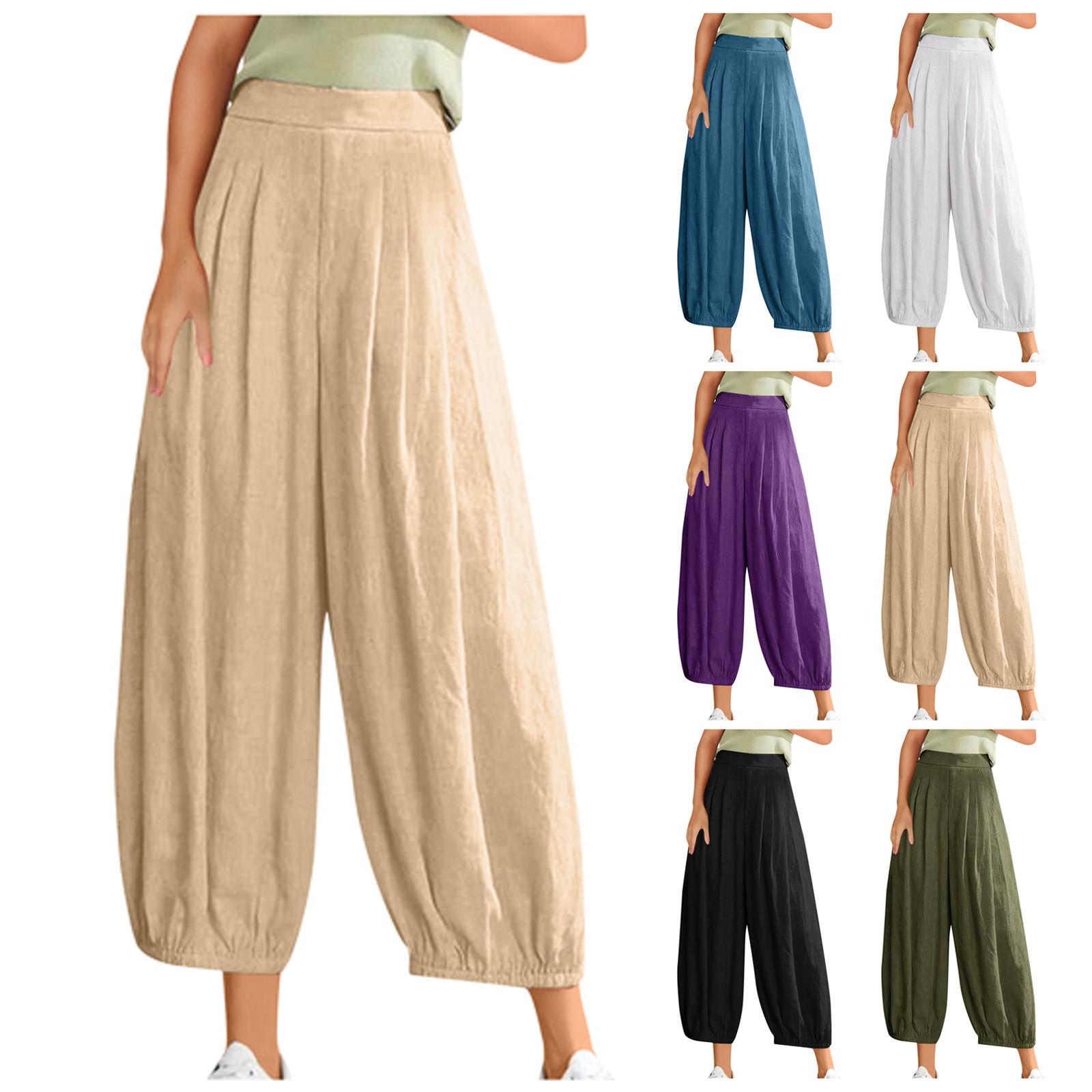 

(Куниде) Женские хлопковые льняные однотонные повседневные брюки с карманами, свободные эластичные брюки с вырезом для ног