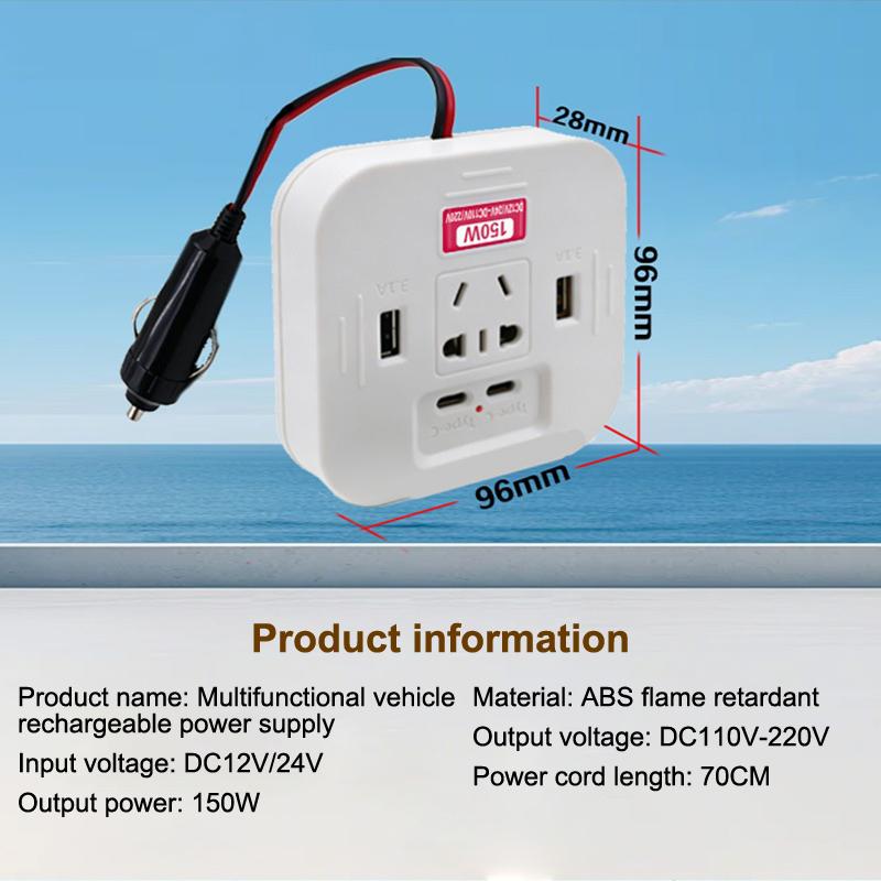 150W Car Power Inverter With Usb C Fast Charging Ac Outlets Fireproof Abs Shell For Road Trips Charging Multiple Electronics