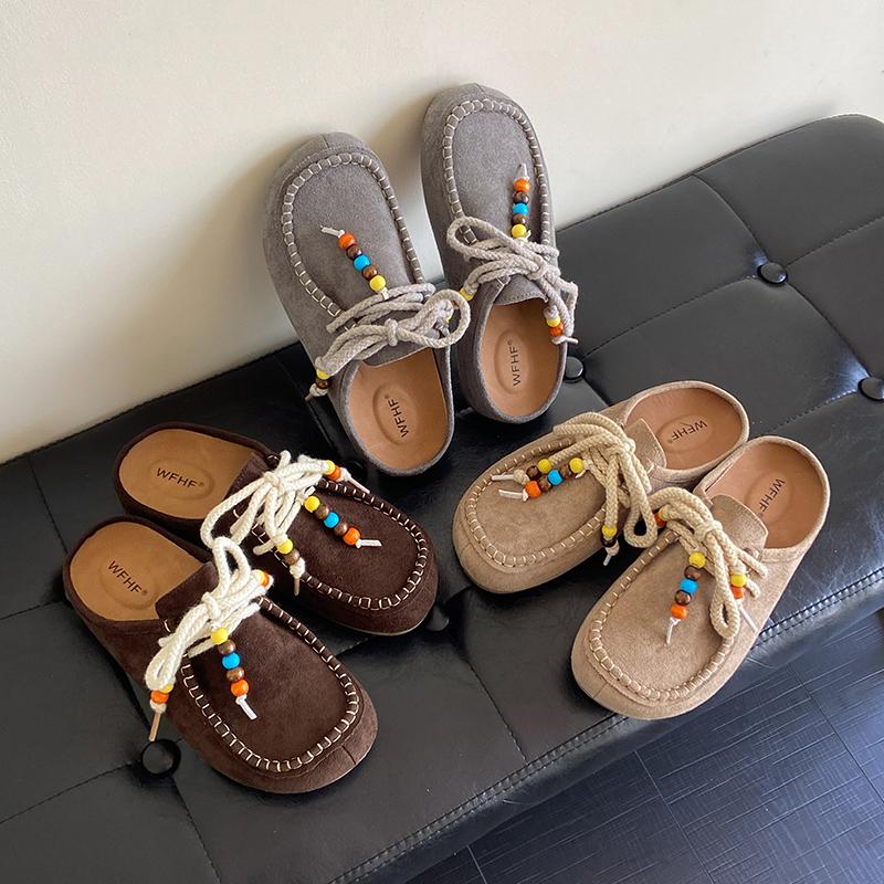Women's Flat Shoes Cover Toe Slingback Lace-up String Bead One Kick Increased Internal Slippers All-match RetroSuede Women Shoes