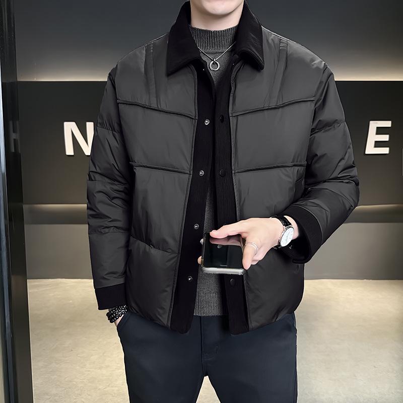 Herren Trendy Winter 2025 Daunenjacke - Strick-Patchwork, Kurze Länge, 90% Weiße Entendaunen, Kälteschutz Oberbekleidung