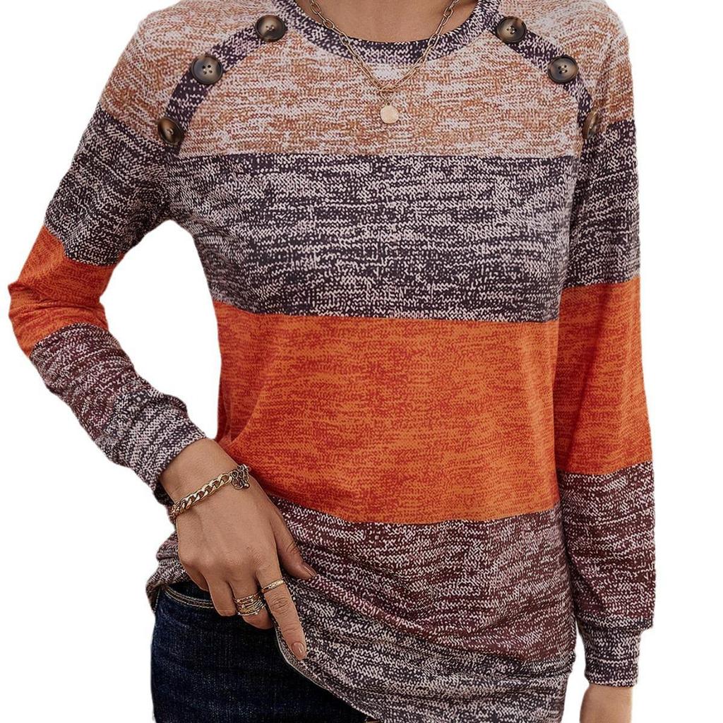 2024 Women's Color Block Printed Button Long-Sleeve Round Neck T-Shirt - Spring/Autumn Collection