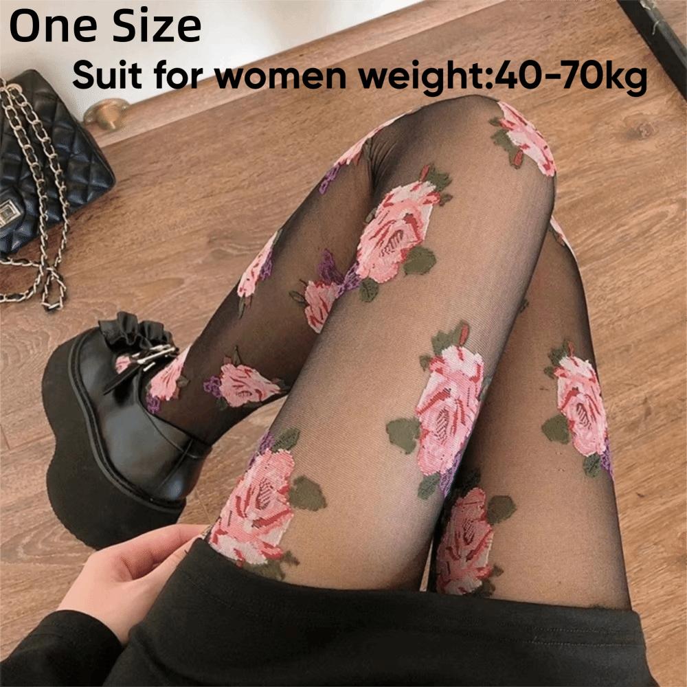 Medias Francesas Retro Semitransparentes Estampado de Rosas Malla Fina Cintura Alta Pantimedias de Malla Floral Primavera Verano