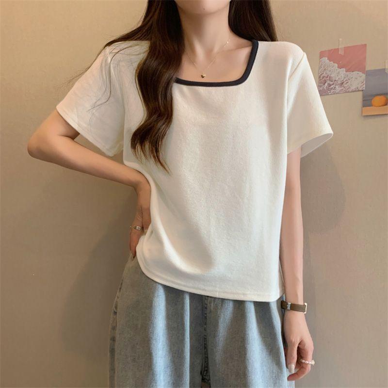 Women's Summer Loose Plus Size Square Neck Slimming Short Sleeve T-shirt - Stylish and Versatile for Chubby and Slightly Chubby Figures