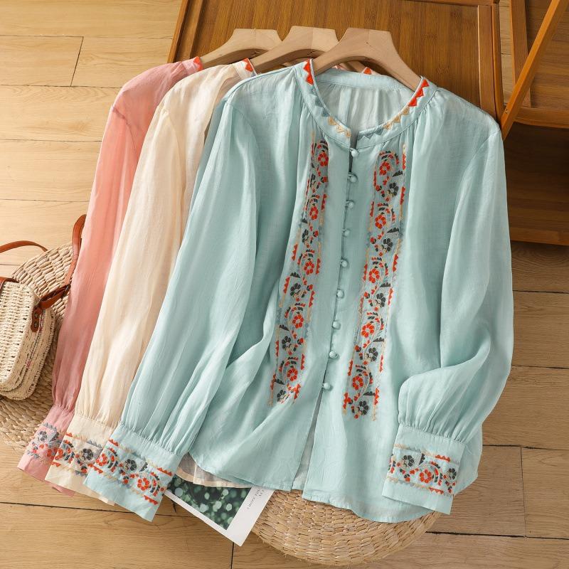 Vintage Ethnic Embroidered Long Lantern Sleeve Loose Thin Shirt For Women