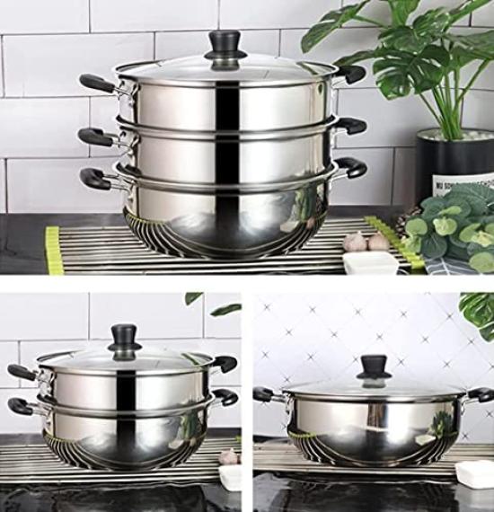 Stainless Steel Steamer, Two-Tier, Three-Tier, [3-Layer Bottom], Induction Cooktop Compatible, Deep, Multi-functional, with Handles, for Home Use