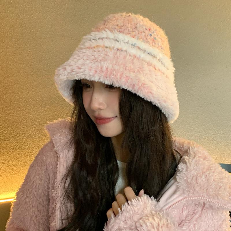 Plush Thickened Hat Women's Color Knitted Bucket Hat Winter Face Small Striped Basin Hat Tide