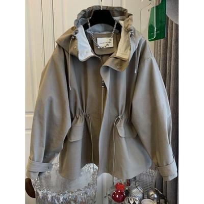 Women Spring Autumn Design Niche Loose Casual Hem Drawstring Waist Hooded Windbreaker Female Long Coat Lady Top