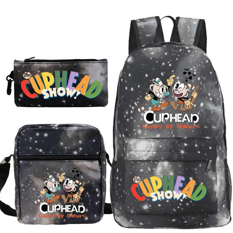 Cartoon Teacup Head Cuphead Student Backpack Oblique Span Bag Pencil Bag Primary And Secondary School Students Children'S Schoolbag Three-Piece Set