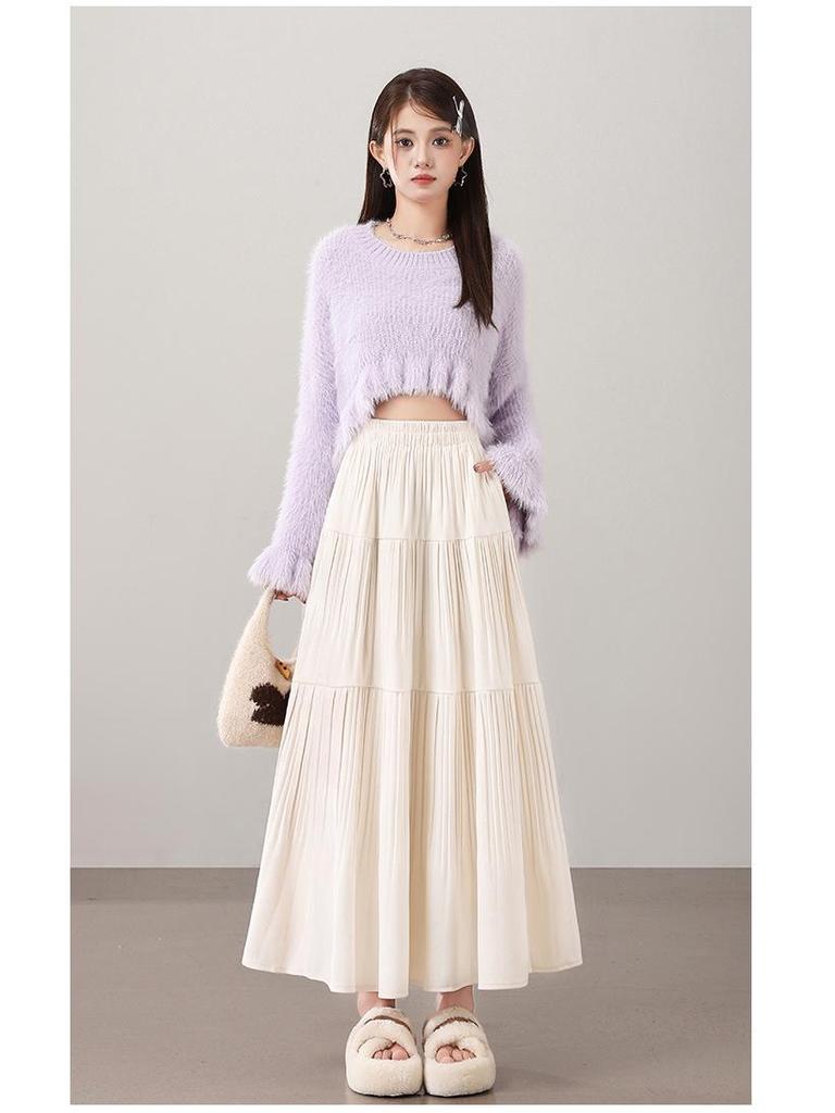 2025 Fall/Winter Layered Woolen Flare A-Line Skirt - Slimming, High-Waist, Long Design