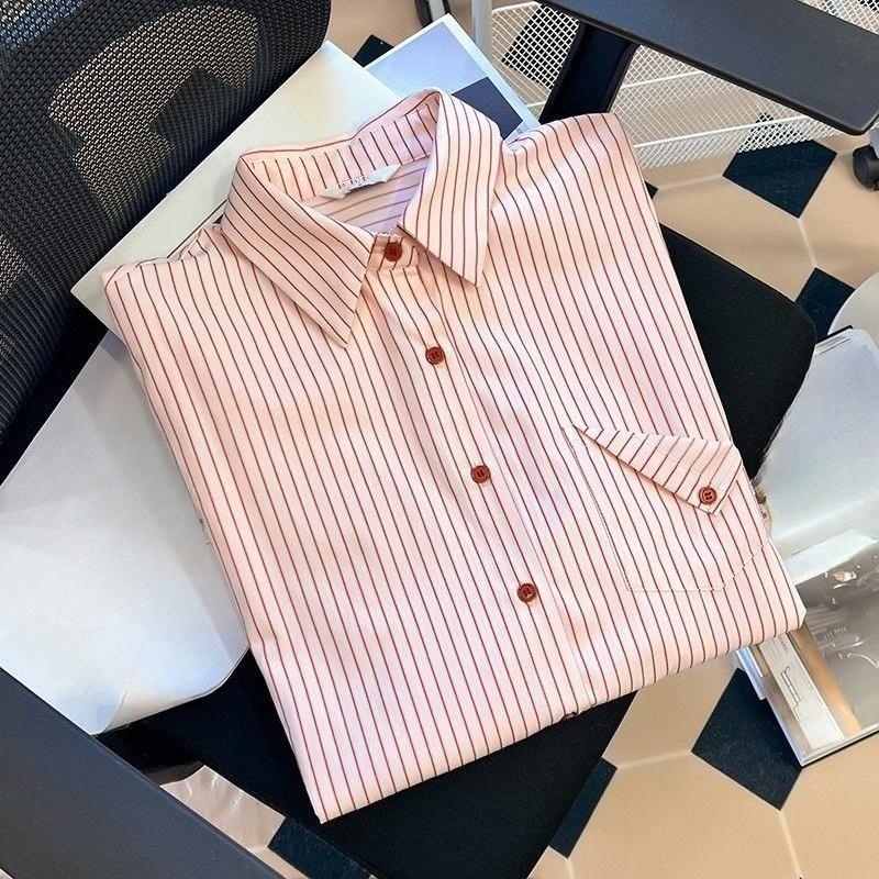 Pink Striped Women's Shirt French Style Loose Flip Collar Single Breasted Pocket Blouse Casual Fashionable Famale Long Sleeved Top