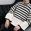 Women Fall Winter Turtleneck Long Sleeve Knit Striped Slit Loose Sweater