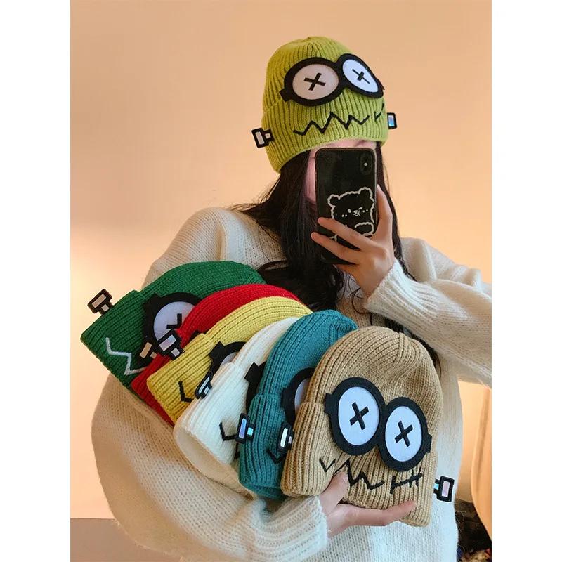 Cute Cartoon Candy Color Kpop Beanie Women'S Big Eyes Smile Skull Cap Winter Warm Knitted Streetwear Fashion Student Hat