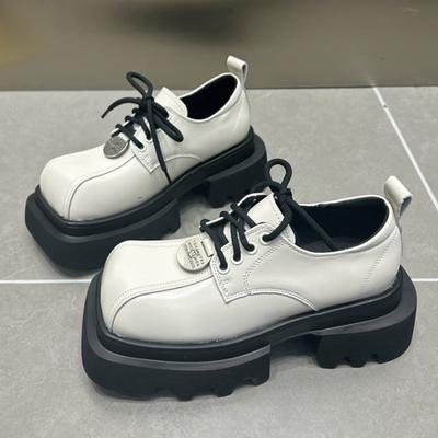 Fashion Loafers Thick Sole Heightening Square Toe Shoes Vintage Women Lace Up Thick Bottom Footwear Small Leather Ladies 35-40