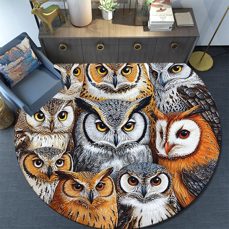Owl Collage Round Area Rug,Carpet Rug for Living Room Bedroom Sofa Playroom Decor,Non-slip Floor Mat