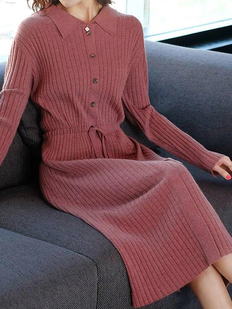 

Повседневное синее вязаное платье, женское платье с высокой талией и длинными рукавами, женские осенние женские платья с отложным воротником и пуговицами L красный