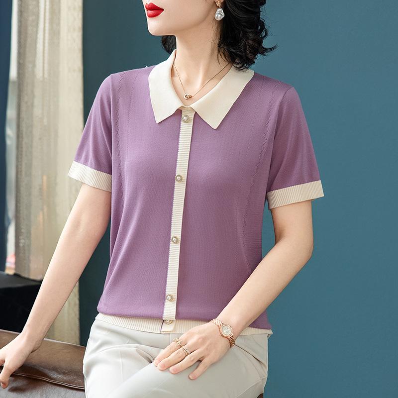 Middle-aged Women s Summer Ice Silk Short Sleeve Knit Top 5XL (150-165kg) фиолетовый