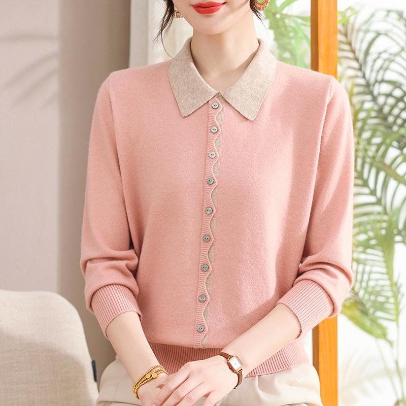 Women's Autumn/Winter Wool Knit Turn-Down Collar Long Sleeve Top