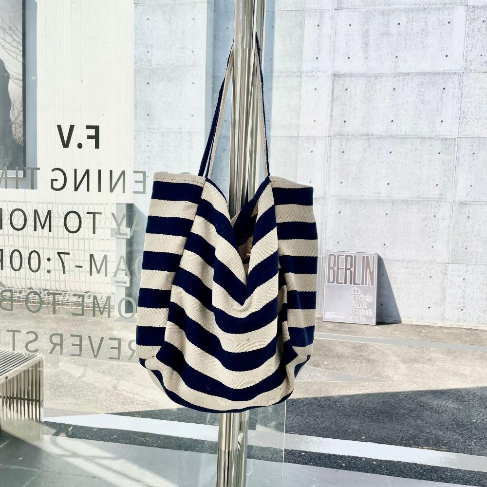 Contrast Color Stripe Canvas Handbag Korean Style Thin Straps Tote Bag  Girls