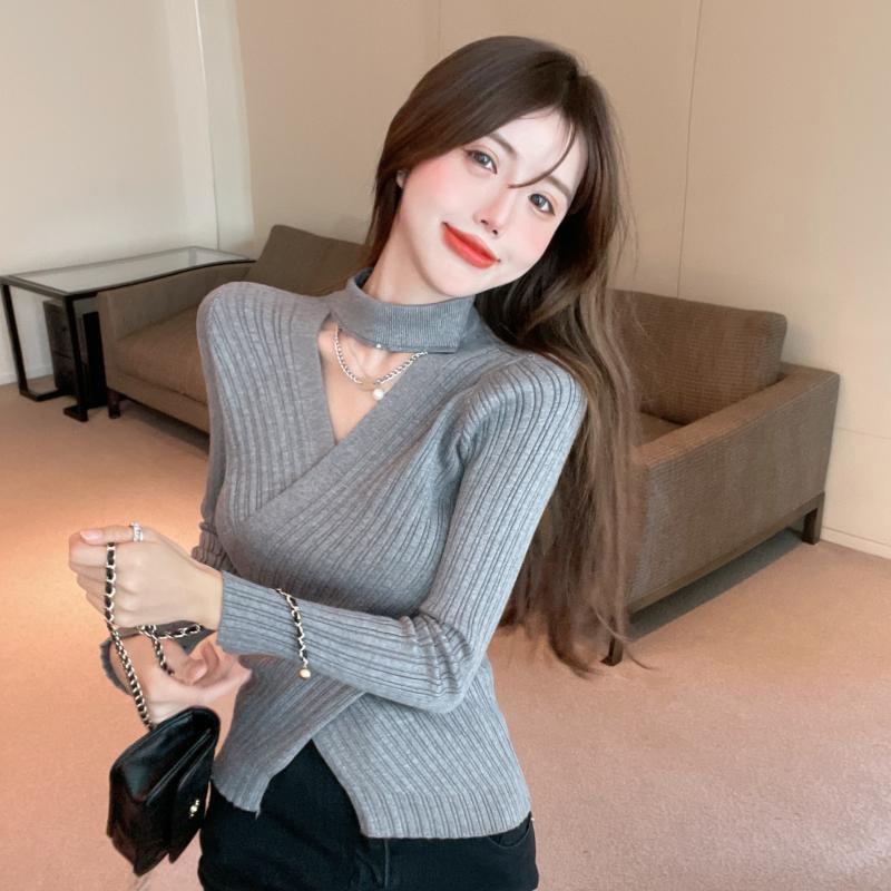 Sexy Fashion Cross V-neck Knitted Bottoming Shirt Women's Pullover Slim Fit Casual Sweater Autumn Winter Turtleneck Inner Top Solid Simple Clothing