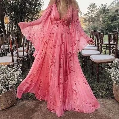 Women's Summer Casual Halter Deep V Neck Printed Bat Sleeve Pleated Floor Length Dresses