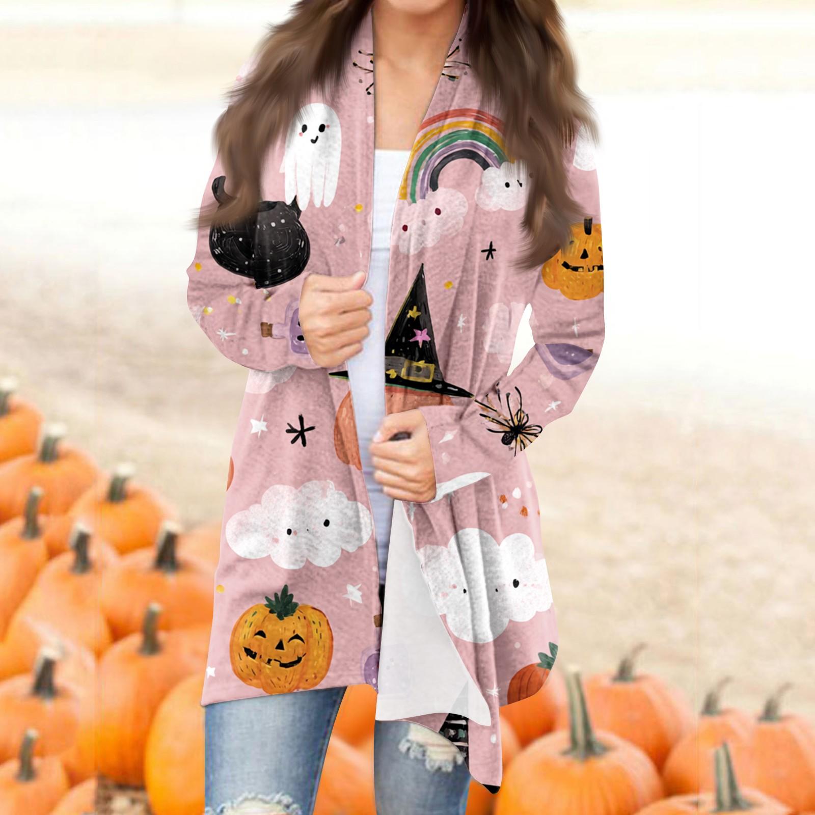 

Женская модная повседневная куртка-кардиган средней длины с принтом на Хэллоуин и нерегулярным подолом XXXL розовый