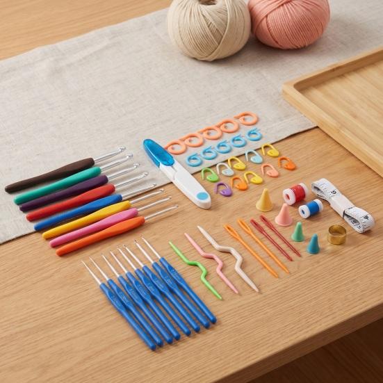 Crochet Hooks Set for Beginners Metal Set, Includes Yarn Needles Stitch Markers Tape Measure, with Essentials Projects Storage Case, Soft Rubber
