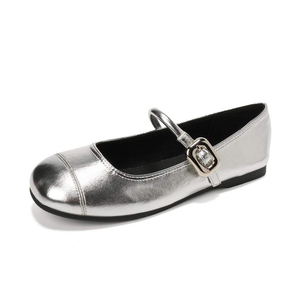 One word with light mouth silver small leather shoes flat sole soft sole Mary Jane single shoes women