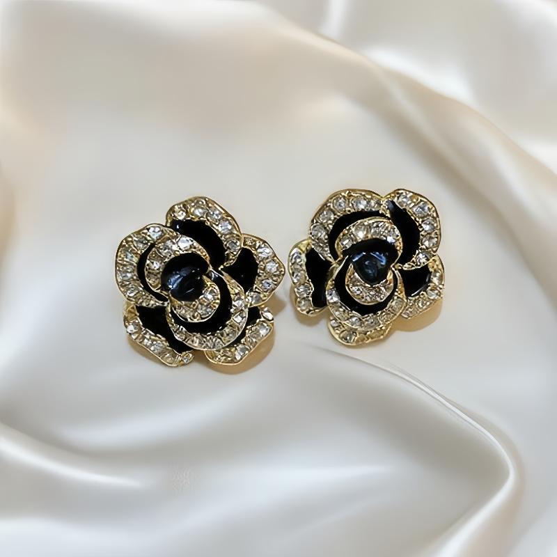 Temperament Elegant Black Camellia Pearl Stud Earrings For Women Girls Fashion Zircon Flowers Earrings Jewelry Accessories Gifts