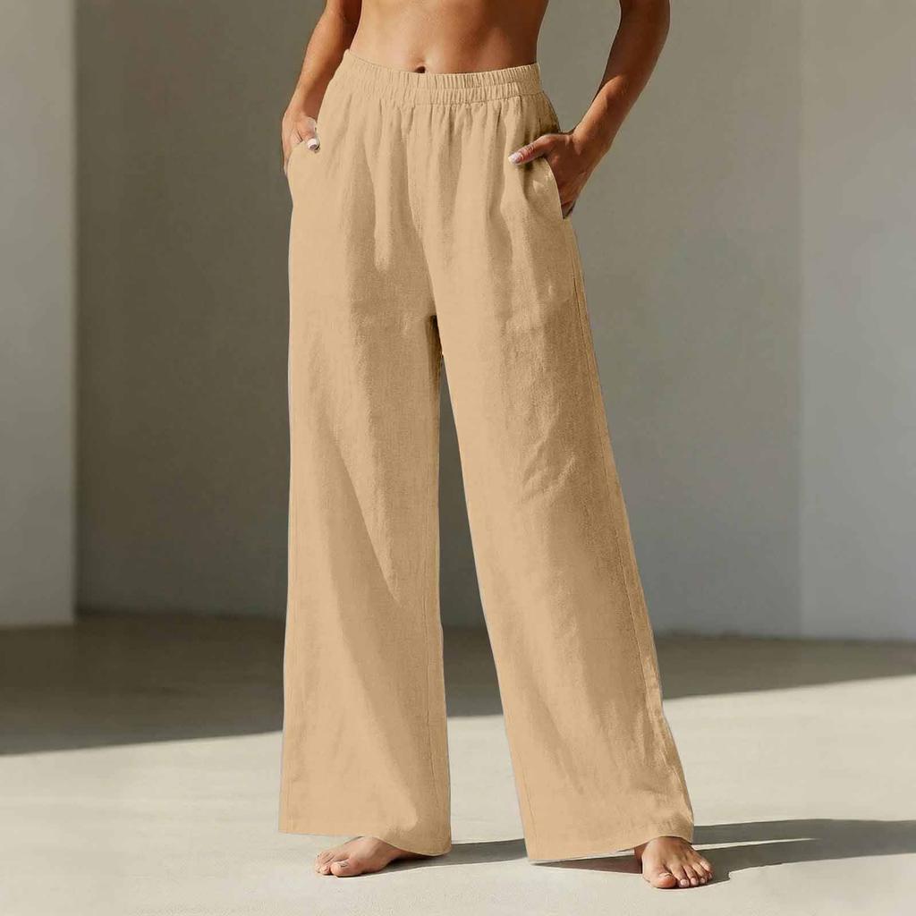 Women’s Wide Leg Linen Pants with Elastic Waistband and Pockets Loose Fit High Waist Casual Trousers for Daily Wear
