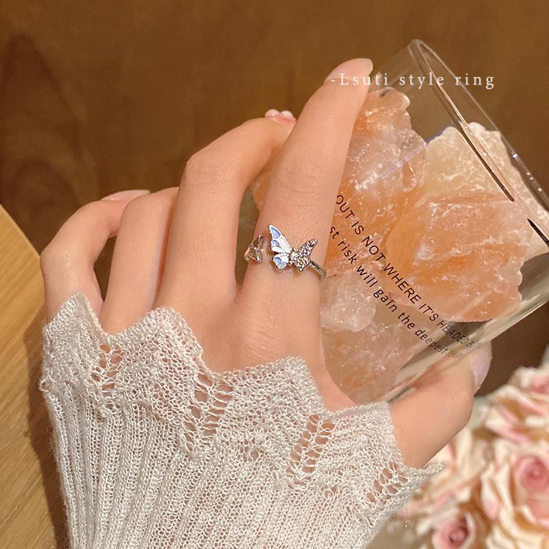 Silver oil drop butterfly open ring female design adjustable index finger ring light luxury jewelry