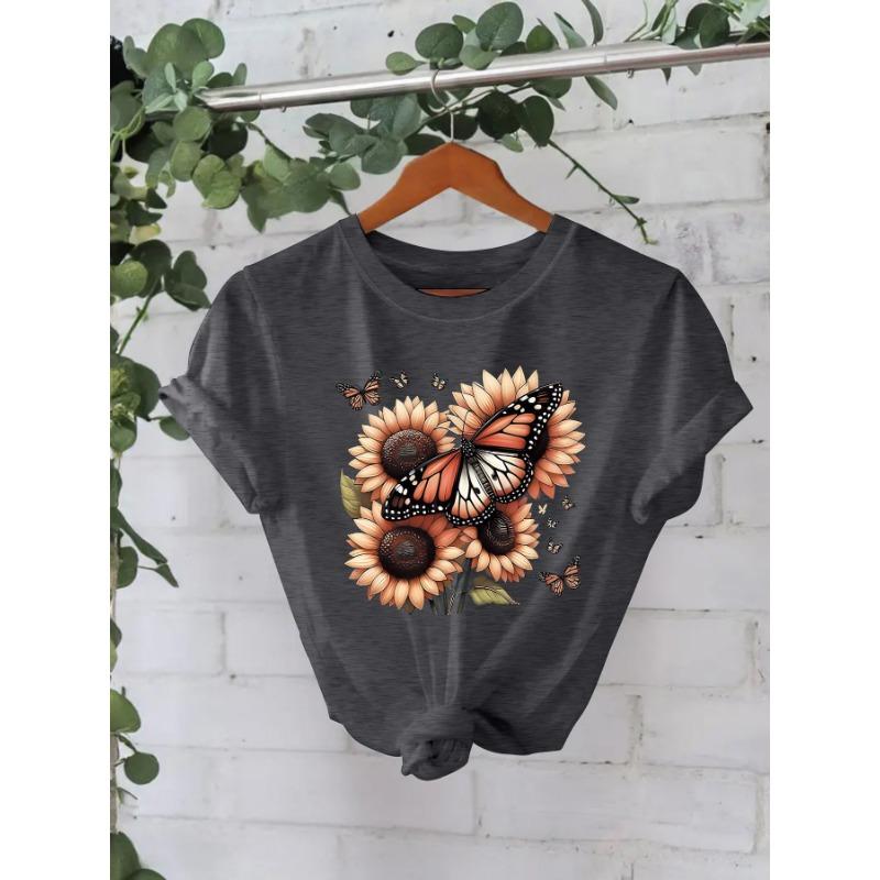 Summer New Short-sleeved Fashion T-shirts Featuring Sunflowers and Butterflies