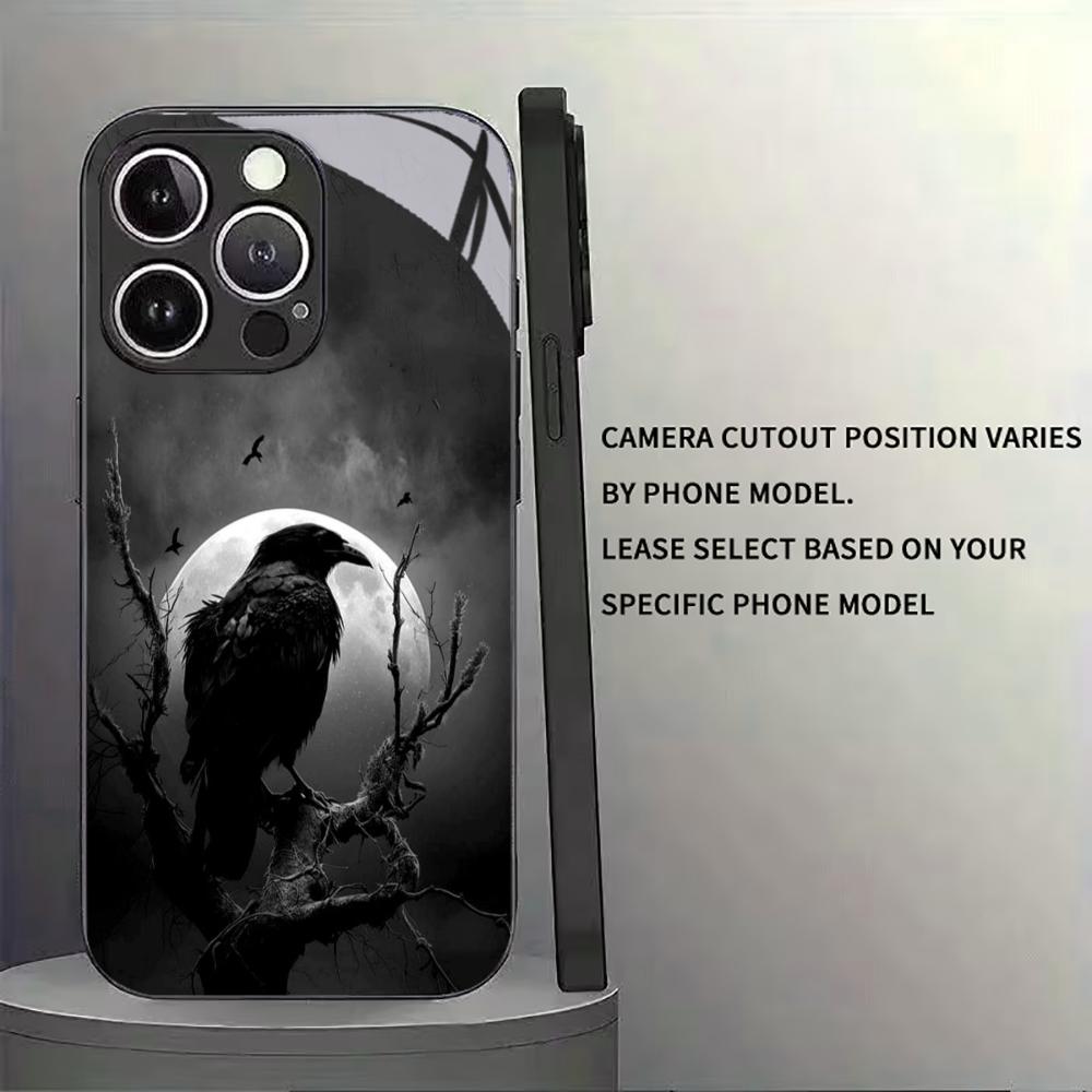 Crow Black Glass Phone Shell For iPhone 16 Plus 15 Pro 14 13 12 Pro Max Soft Silicone Frame Scratch Resistant Protective Case