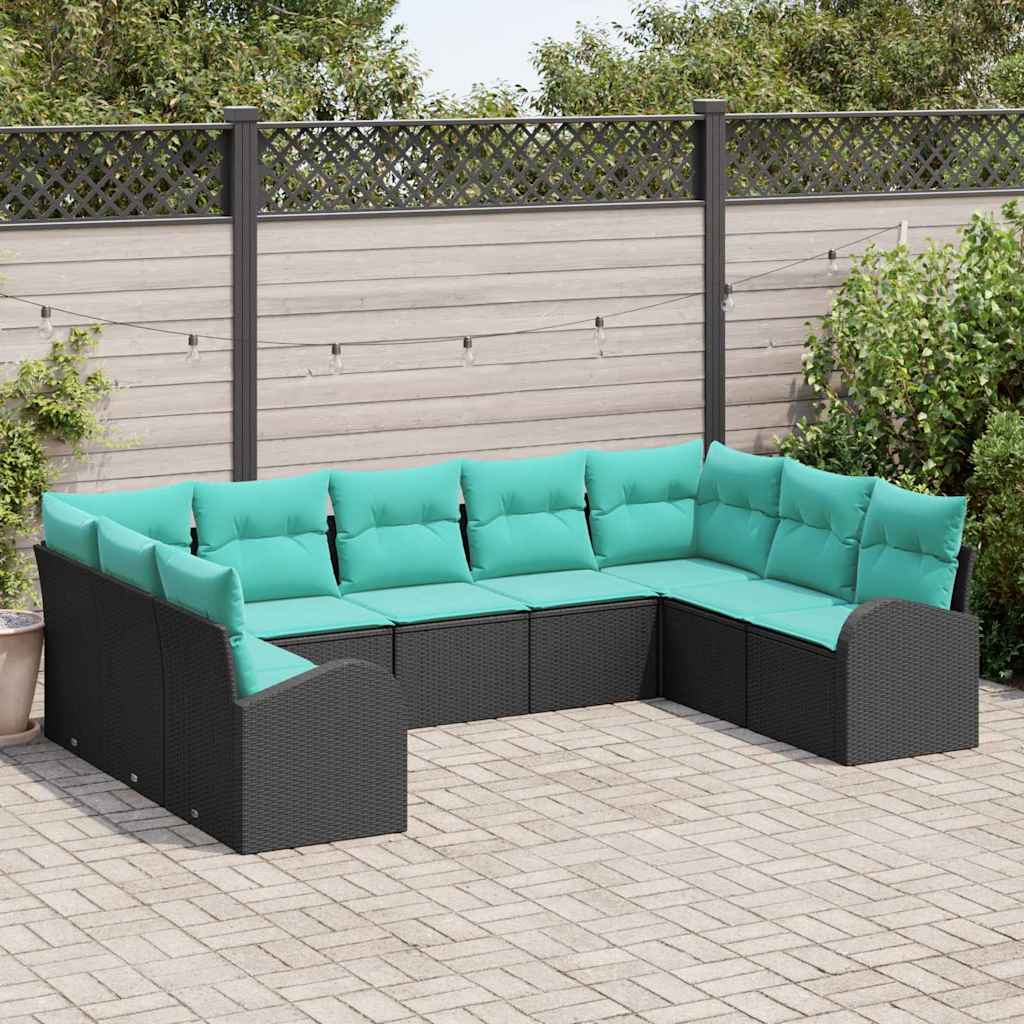 Garden Sofa Set with Cushions 9 pcs Black and Turquoise Poly Rattan
