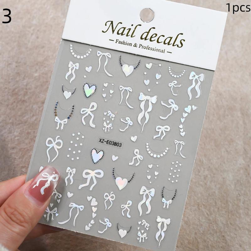 Aurora Francuska Wstążka Serce Naklejki na Paznokcie Perłowy Łańcuszek Miłość Klejące Naklejki na Paznokcie Walentynkowe Kokardki Naklejka do Manicure