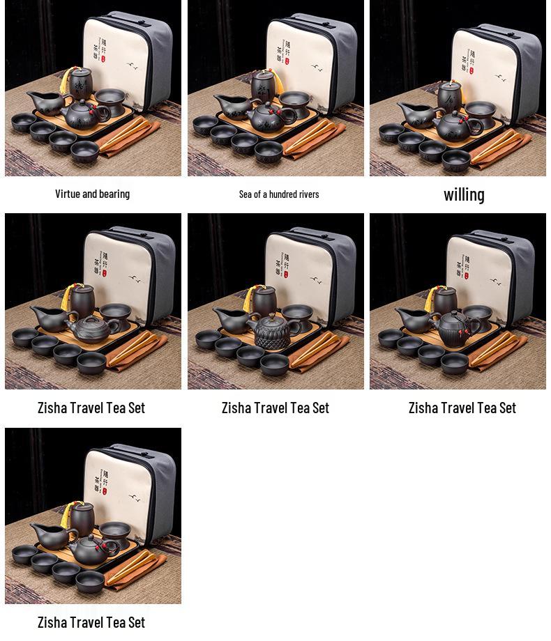 Portable Purple Clay Xishi Teapot Set with Leather Bag and Tea Tray for Home, Travel, or Business