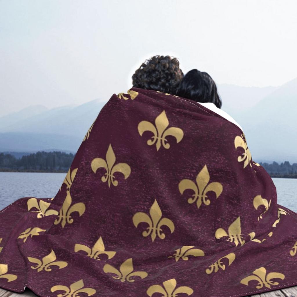 Gold And Red Fleur De Lis Blankets Fleece Autumn Lily Flower Symbol Breathable Throw Blankets for Bedding Office Rug Piece
