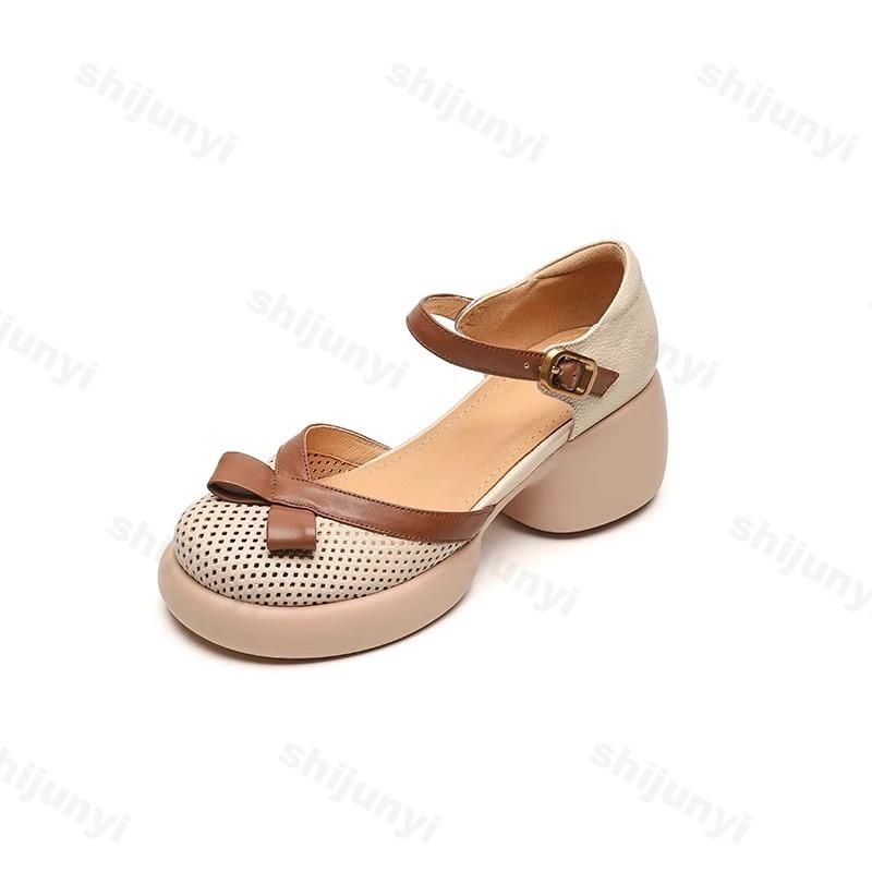 Fashion Retro Style Hollow Toe Breathable Thick Heel Sandals for Women's Summer 2025 New Fashion Bows Designed Elegant Comfortable Pumps