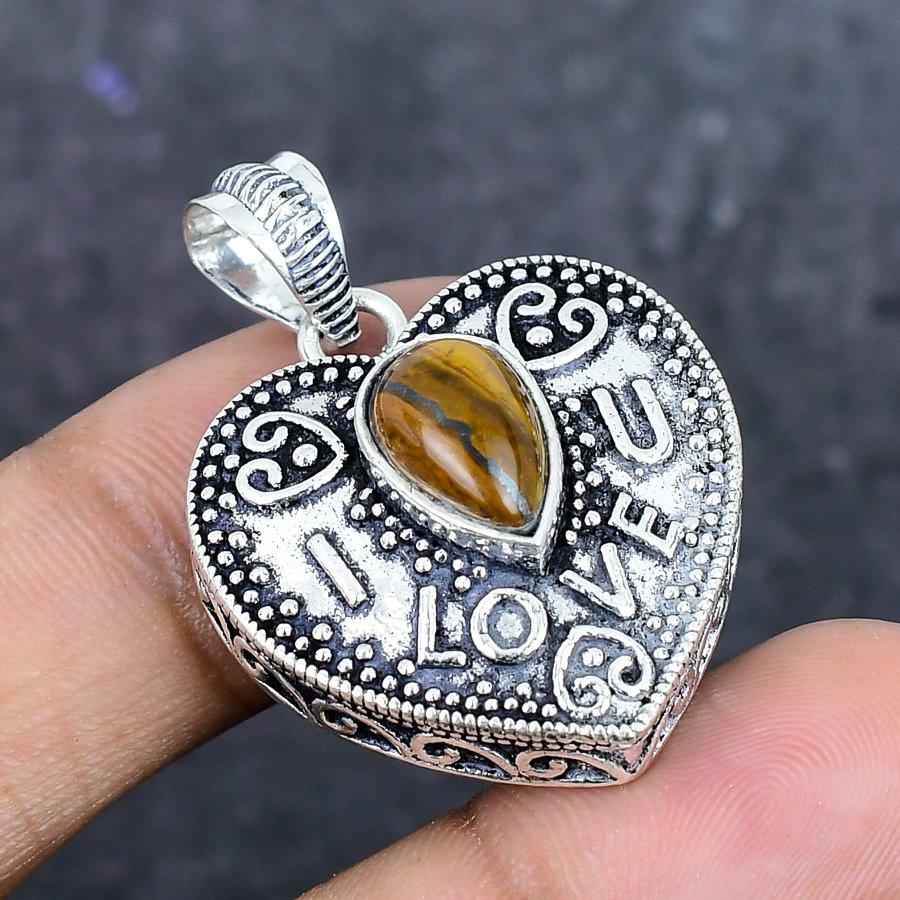 Natural Tiger Eye Gemstone 925 Sterling Silver Jewelry Pendant 1.46" ETC-13940