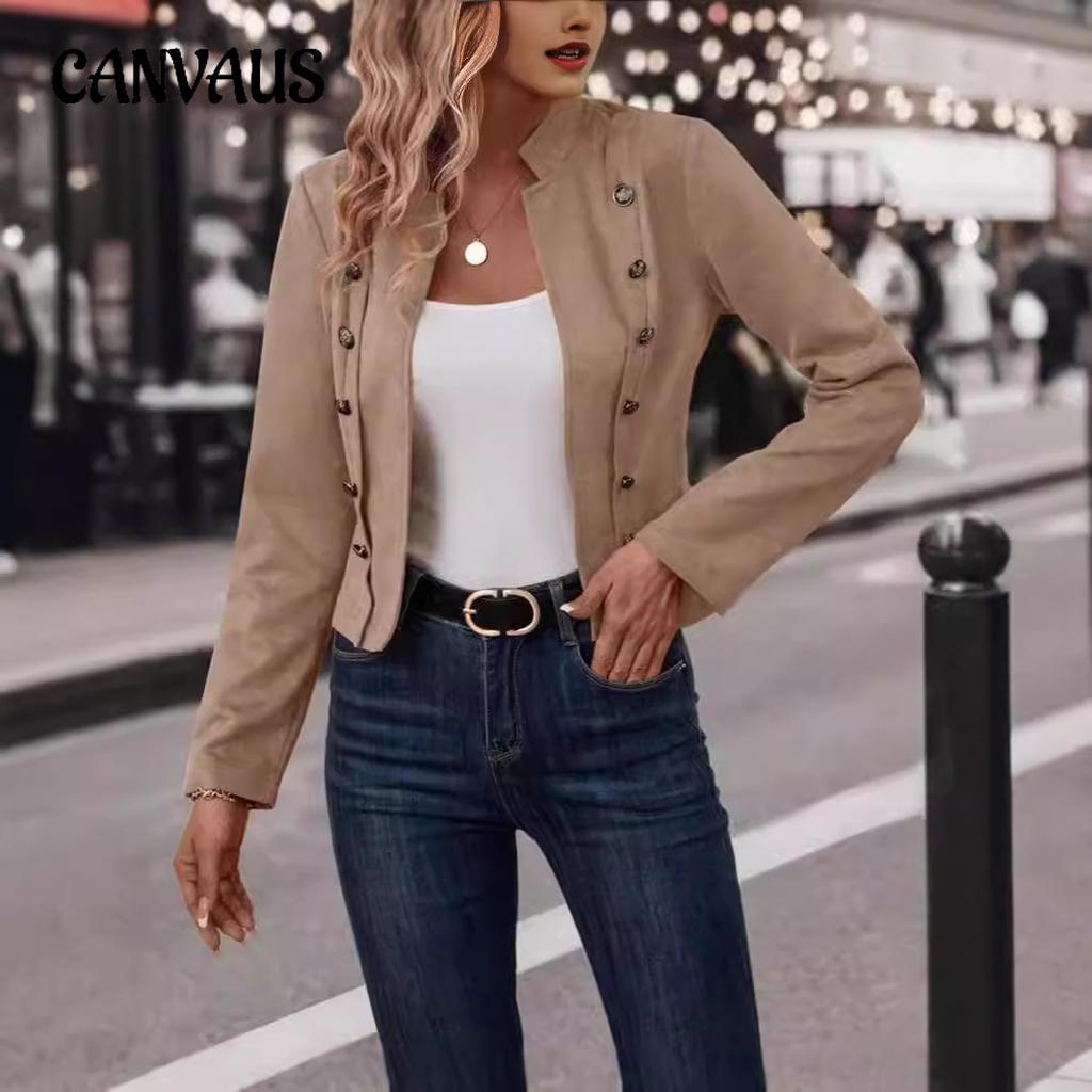 Jesienna Damska Jednokolorowa Dwurzędowa Kurtka Ozdobna Skóra Jelenia Vintage Kurtka z Długim Rękawem