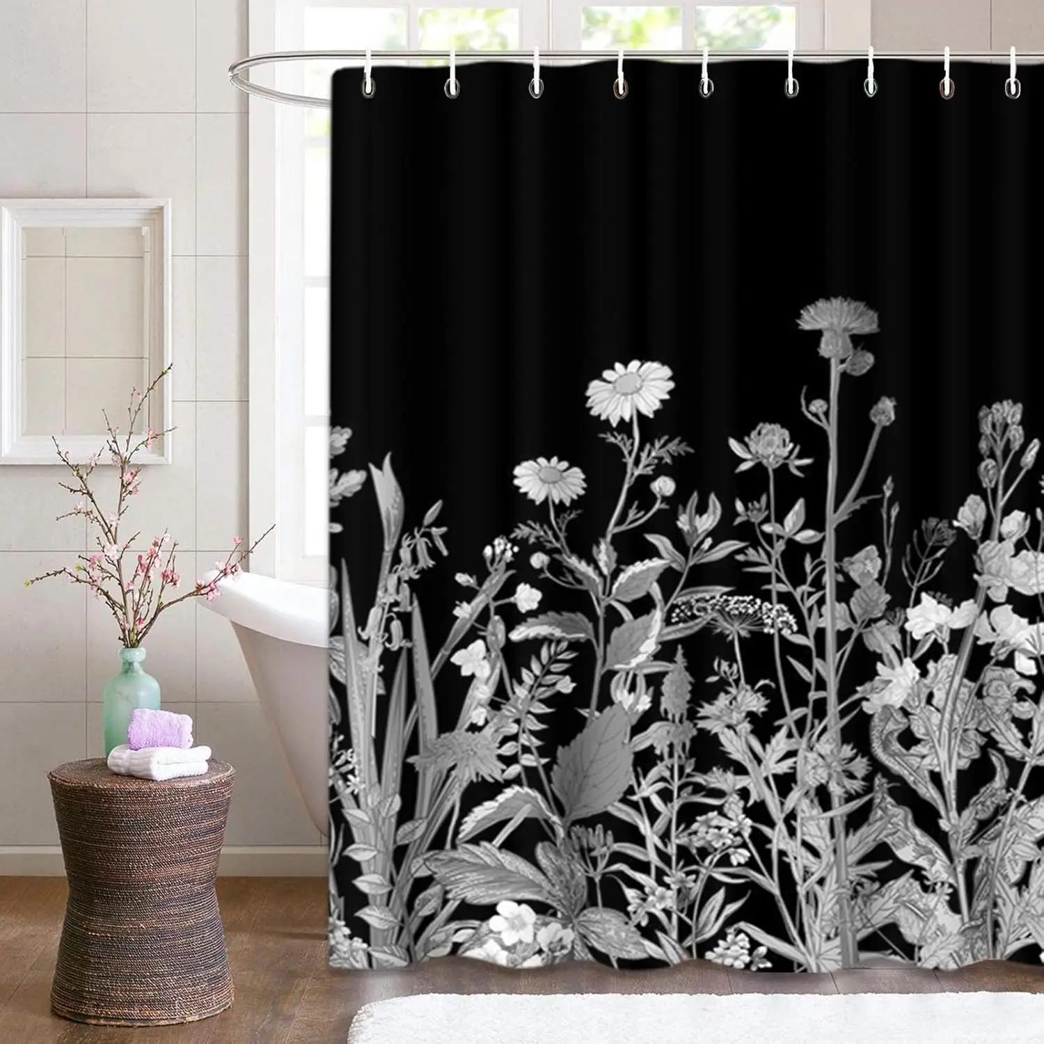 

Black Floral Shower Curtain White Herbal And Wildflower Plant Vintage Waterproof Polyester Fabric Shower Curtain With Hooks W60H190(CM)-1 Pcs