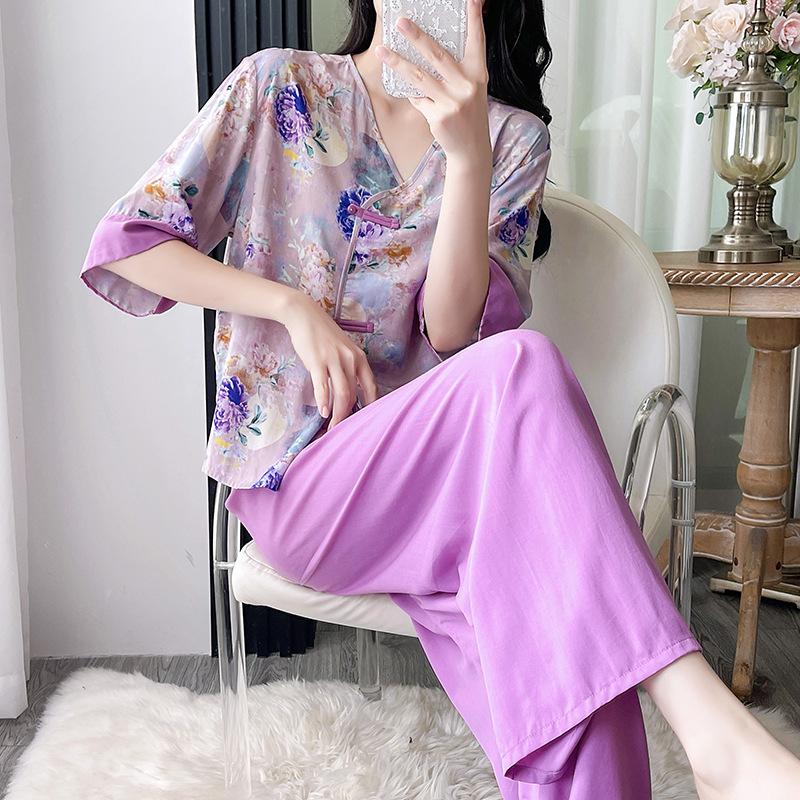 New cotton and silk pajamas women's spring and summer printing retro new Chinese style national style can be worn outside loungewear cotton silk suit