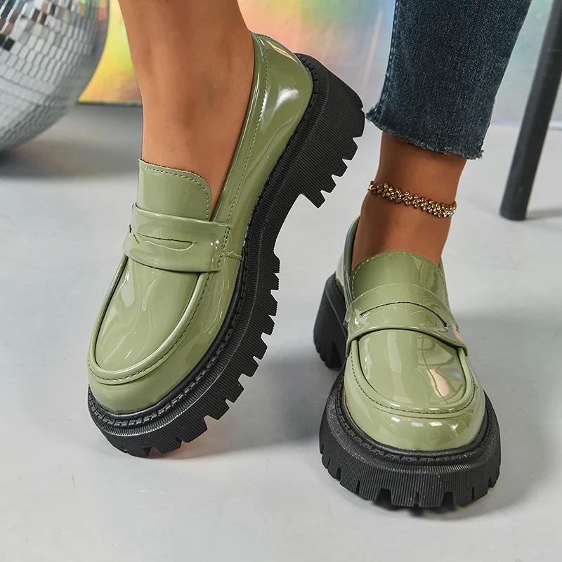 Fashion 2025 Spring New Pu Leather Loafers Women Vintage Soft Bottom Med Heel Pumps Ladies Outdoor Wear Resistant Platform Shoes Mujer