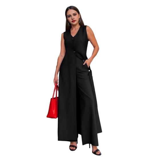 

2Pcs/Set Women Outfit V-Neck Sleeveless Buttons Placket Long Tops High Waist Wide Leg Pants M чёрный