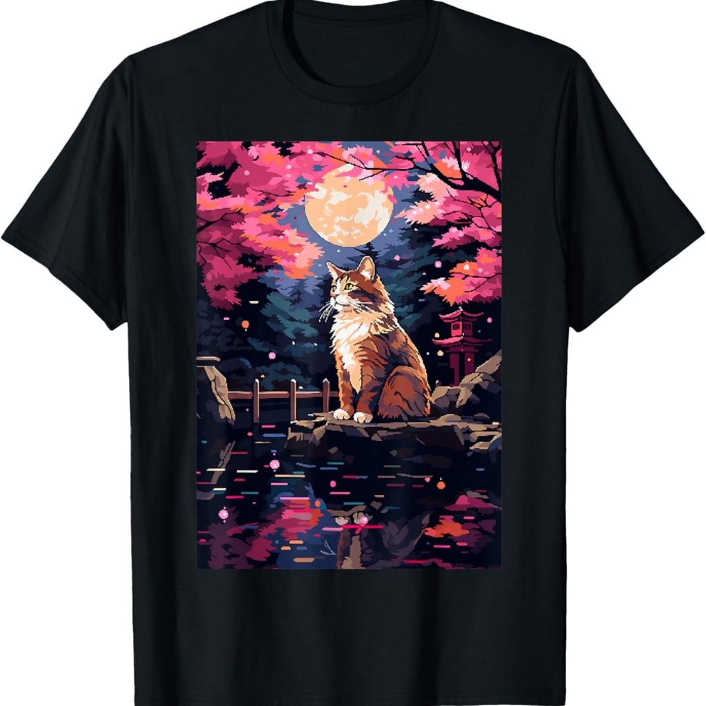 Garden Cat Peaceful Cherry Blossom Pixel Art T-Shirt